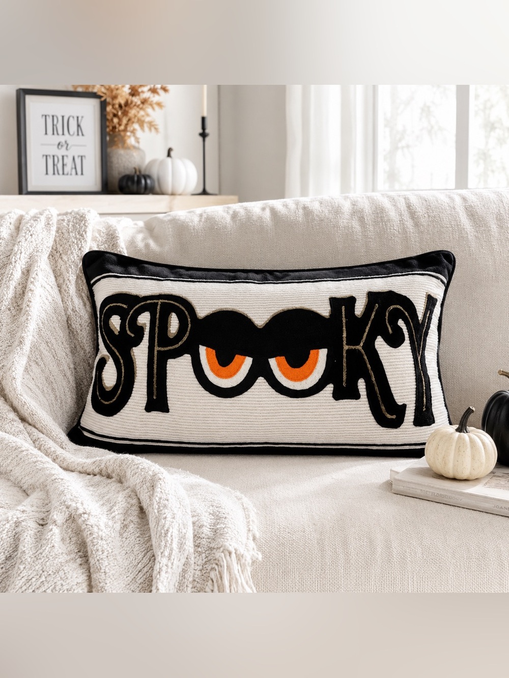Brand New “SPOOKY” Halloween Lumbar Pillow Black White Orange Eyes Gothic Decor
